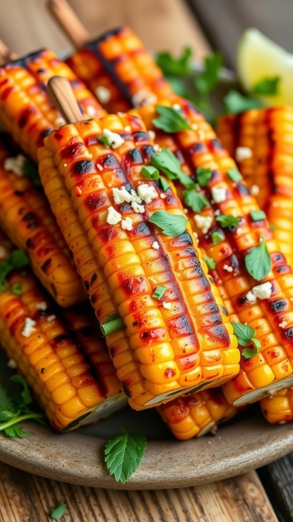 Grilled corn ribs garnished with herbs and cheese on a rustic wooden table.